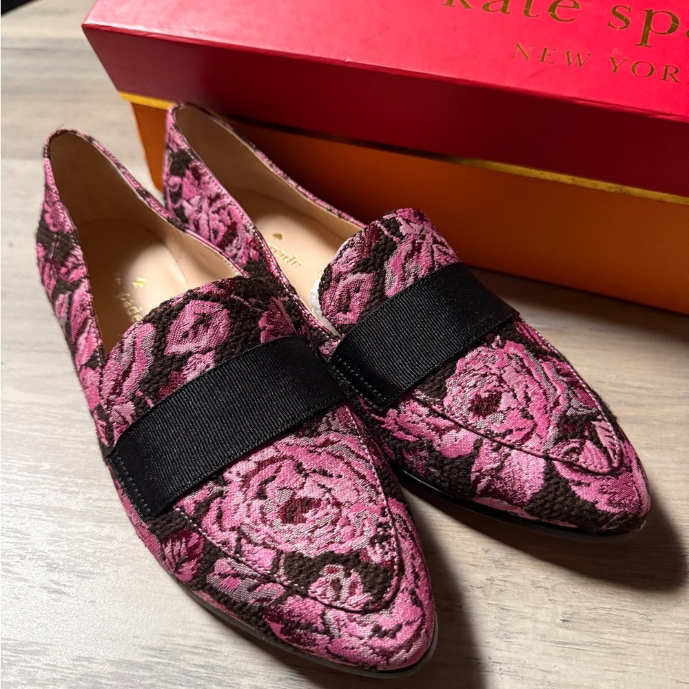 Kate Spade Black and Pink Floral Loafers